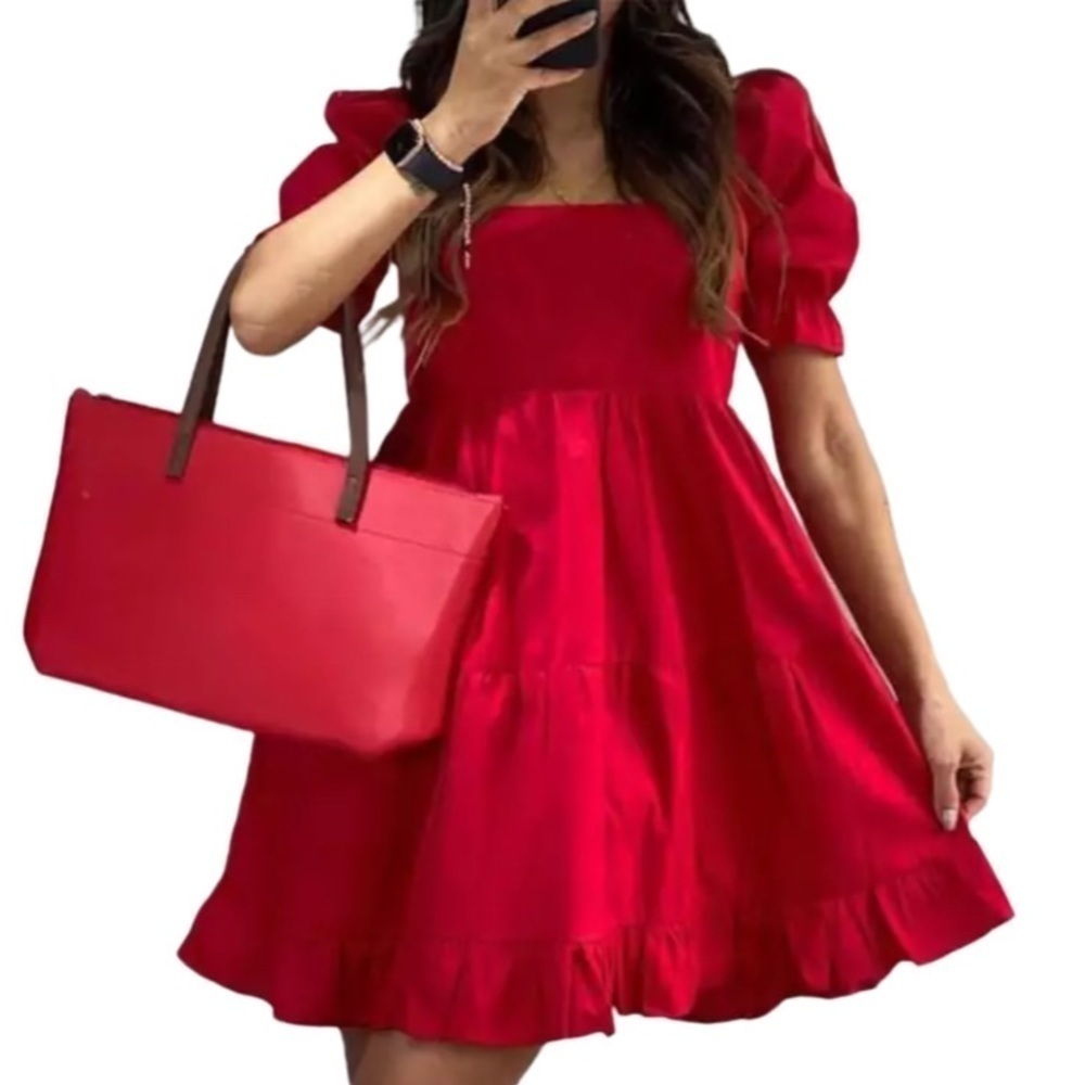 NWT Vonda Empire Style Tiered Short Puff Sleeve Mini Red Poly Women Dress L/XL